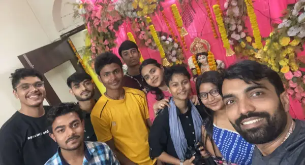 Selfie with students at the Saraswati Puja pandal